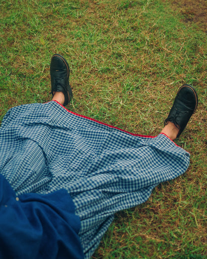 Person sitting on grass with a blue checkered blanket