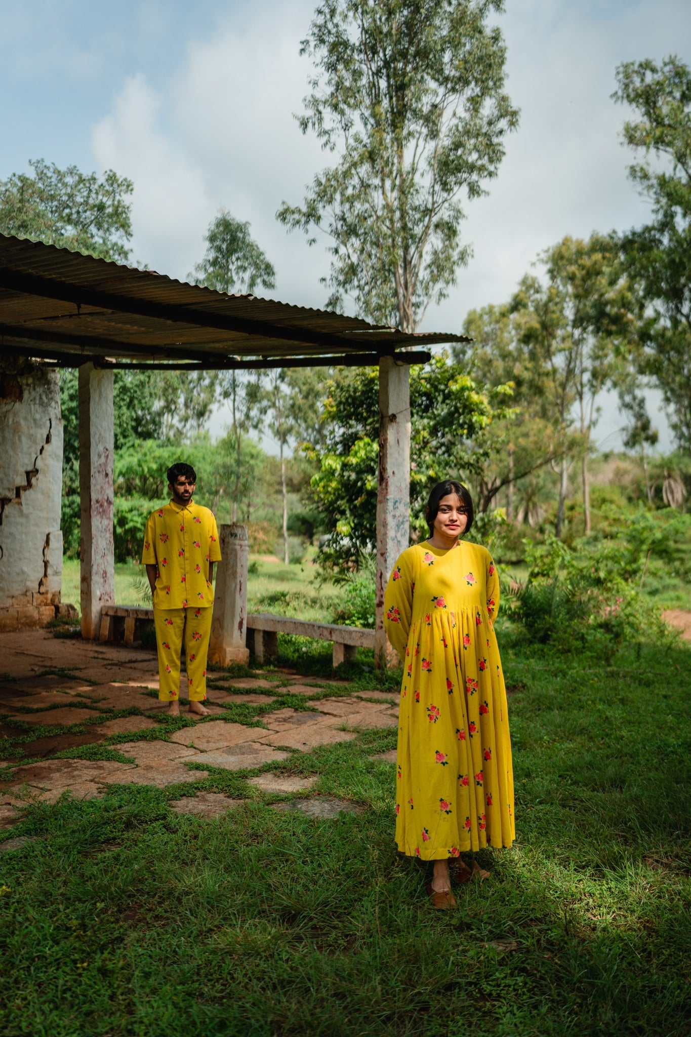 TREEJM's Rangeela Dress in vibrant lime yellow is handwoven cotton perfection, with flowing gathers ideal for sunny days. Enjoy its comfort and distinct print.