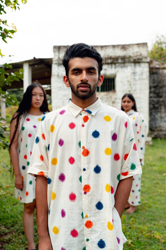 Rangeela Men's Polka Shirt, handwoven from breathable cotton, boasts lasting vibrant colors from special dyeing. Relish traditional craftsmanship in classic style.