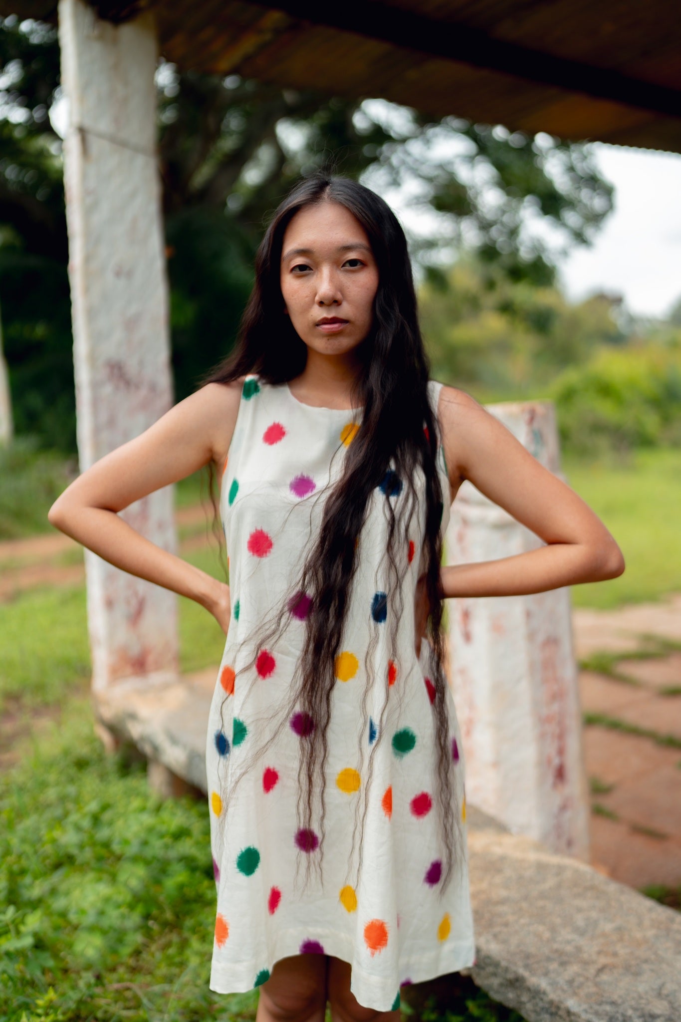 TREEJM's Rangeela Polka is a comfortable dress with a sleeveless design crafted in a unique double Ikat fabric. Its special weave and design create a stylish statement with any look.