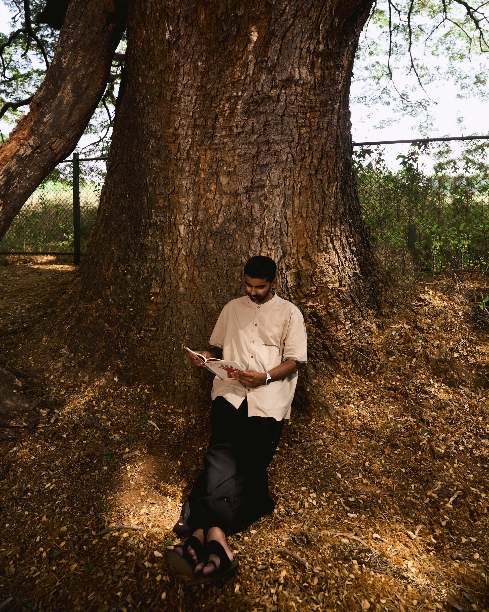 Man standing under a large tree holding a book in a natural setting