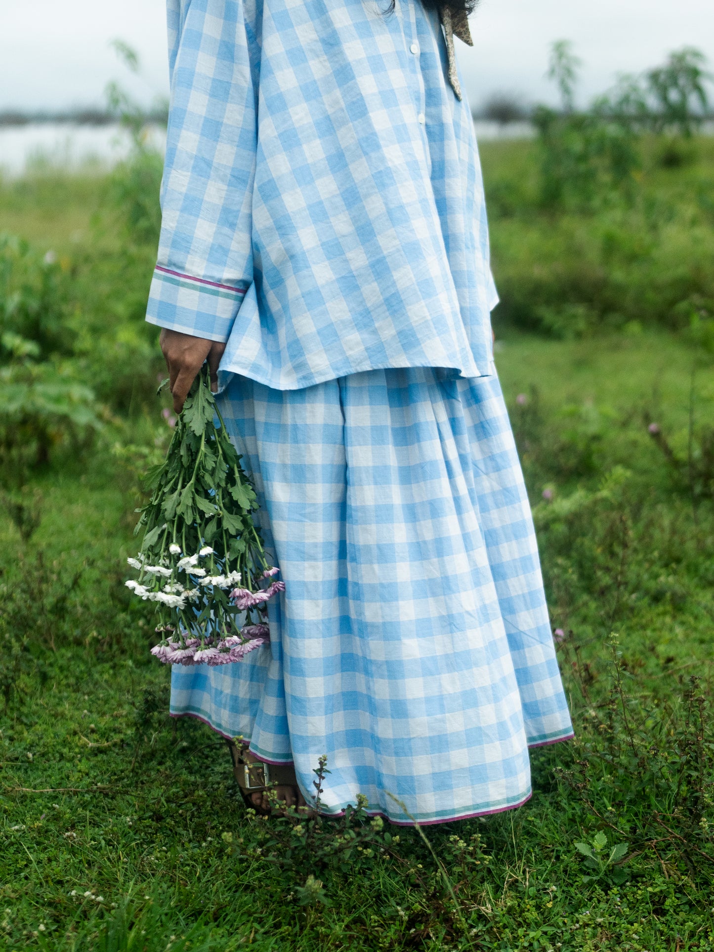 Light blue checks skirt set